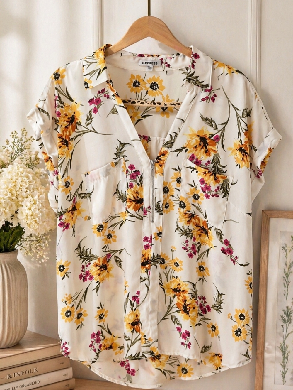 Express White Floral Zip-Front Short Sleeve Top with Yellow and Pink Blossoms